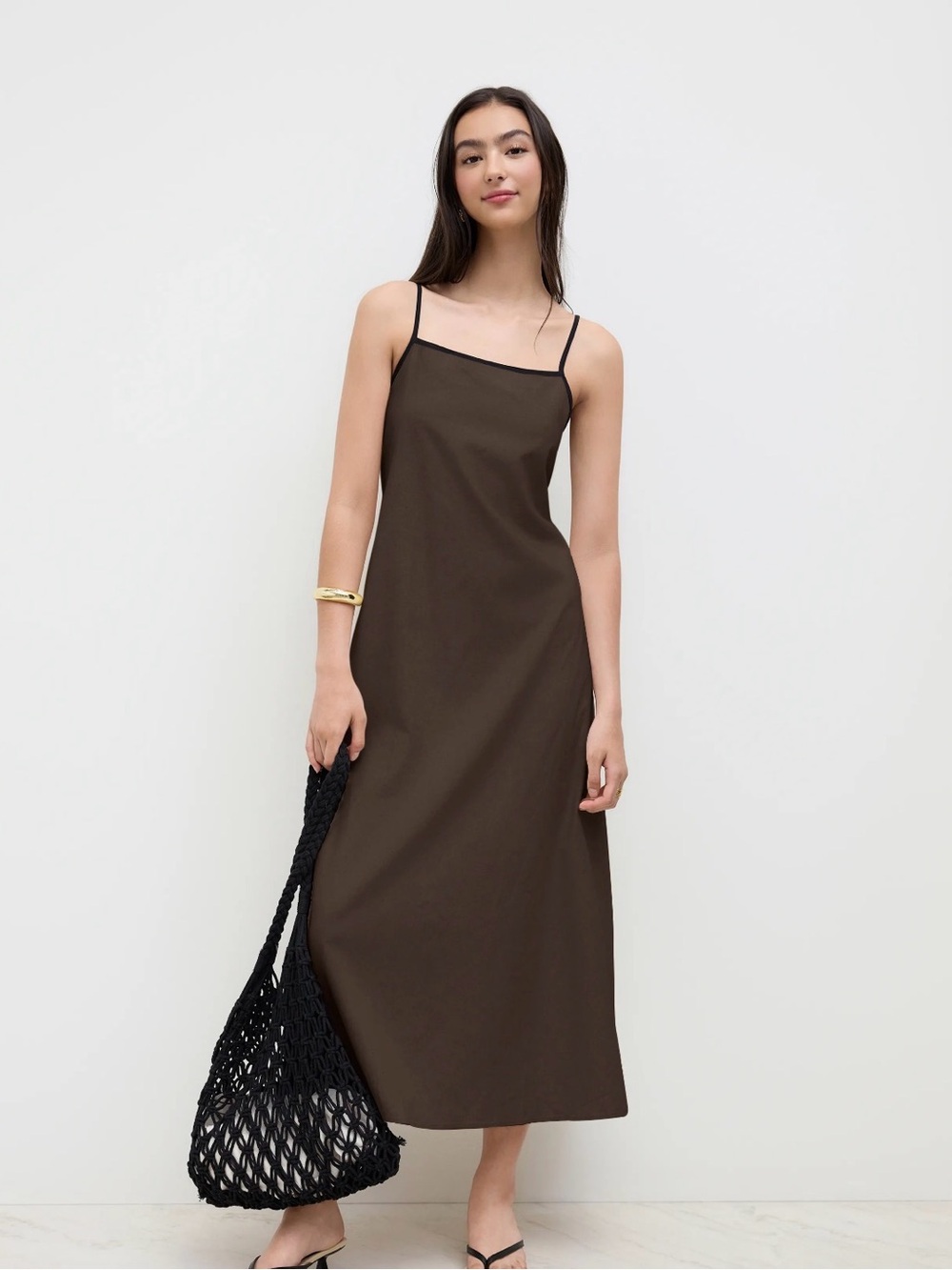 LINEN-BLEND SQUARE NECK KNOTTED BEADED CAMI MAXI DRESS